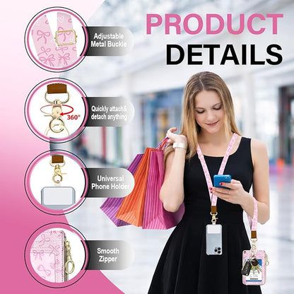 Bowknot Lanyard Wallet with Id Badge Holder, RFID Small Keychain Wallet Lanyard for Women Wristlet, Pu Leather Zipper Credit Card Holder Phone Wrist Neck Strap for Key Name Tag - Pink
