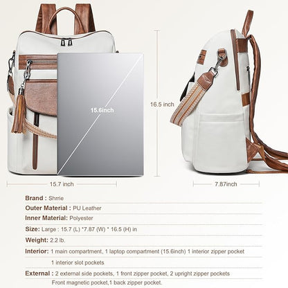 Shrrie Laptop Backpack for Women 15.6 inch,Travel Leather Backpack Purse Nurse Teacher Carry on Backpack Computer Bag,Professional Water-Resistant College Business Work Casual Daypack,Beige with Brown