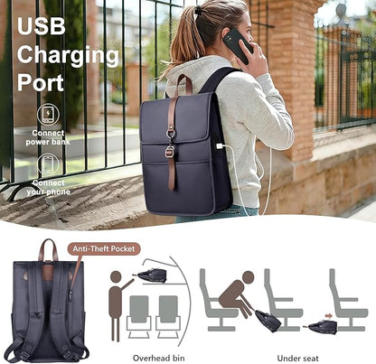Laptop Backpack for Men Women, Slim Work Travel Backpack with USB Charging Port, Lightweight Computer College Backpack Bag, Vintage Commuter Casual Daypack Fits 15.6 Inch Laptop-Blue