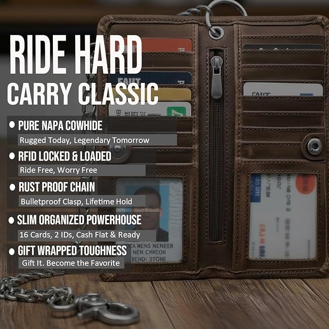 CLASSIC Motorcycle Chain Wallet for Men – Premium Cowhide Leather, RFID Bi-Fold Biker Wallet with Heavy Duty ChainBikers Truckers & Hunters, Credit Card Money Organizer Long Wallet Crazy Horse Brown