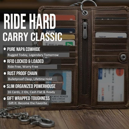 CLASSIC Motorcycle Chain Wallet for Men – Premium Cowhide Leather, RFID Bi-Fold Biker Wallet with Heavy Duty ChainBikers Truckers & Hunters, Credit Card Money Organizer Long Wallet Crazy Horse Brown