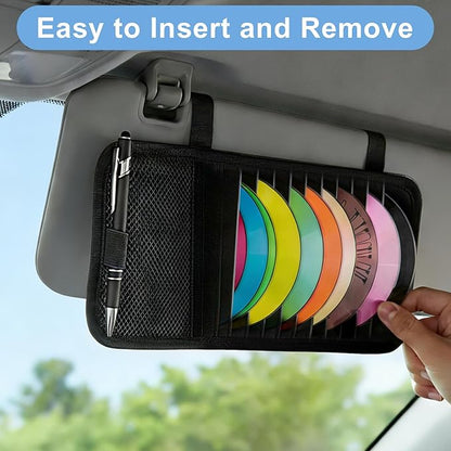 1 Pcs Car CD Holder, Car Sun Visor Storage DVD Disc Holders Pocket Case Organizer with 12 DVD Storage Sleeves, one Mesh Pocket, one Pen Holder, and Elastic Strap (Black)