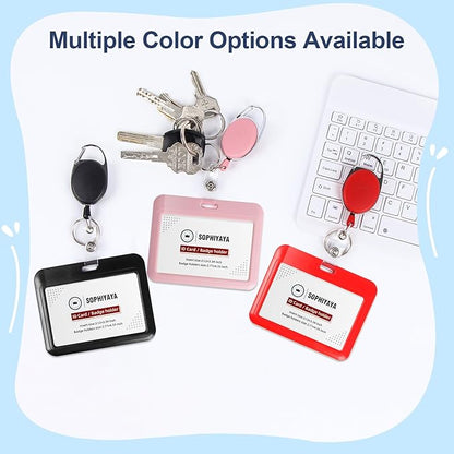 ID Badge Holder with Clip Badge Reels Retractable Heavy Duty Id Card with Carabiner Badge Reel with 24 inches Pull Cord for Office, School, Factory, Teacher (Red, Horizontal)