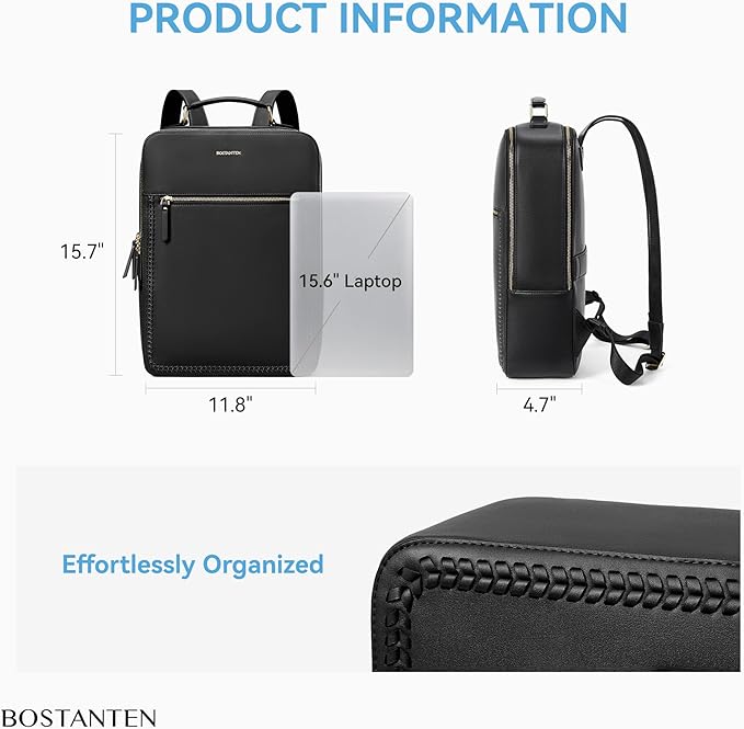 BOSTANTEN Leather Backpack 15.6 inch Laptop Bag Travel Casual Computer Backpack College Business Work Shoulder Bags with Trolley Sleeve for Women Men Black