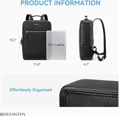 BOSTANTEN Leather Backpack 15.6 inch Laptop Bag Travel Casual Computer Backpack College Business Work Shoulder Bags with Trolley Sleeve for Women Men Black