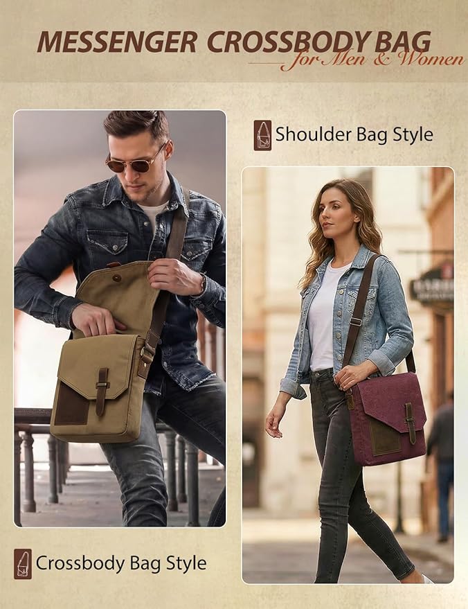 VASCHY Small Messenger Bag, Vintage Canvas Leather Lightweight Crossbody Bag