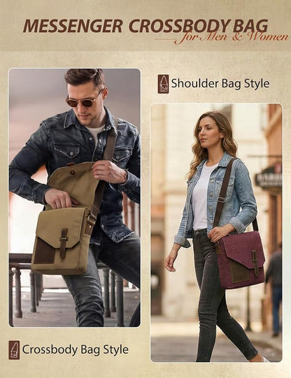 VASCHY Small Messenger Bag, Vintage Canvas Leather Lightweight Crossbody Bag