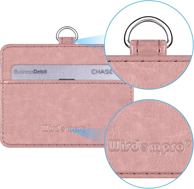 Wisdompro 2-Sided PU Leather ID Badge Holder with 1 ID Window and 1 Card Slot and 1 piece 22 Inch Polyester Detachable Neck Lanyard Strap (Holds 3 to 4 Cards) - Horizontal (Rose Gold)