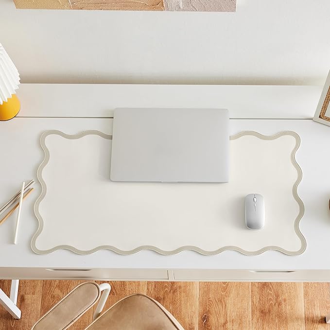 Ralxion Scalloped Desk Mat, 31.5" x 15.7", PU Leather, Waterproof Anti-Slip, Cute Aesthetic Desk Pad for Office/Home/Game/Vanity (Beige, Large)
