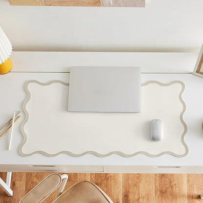 Ralxion Scalloped Desk Mat, 31.5" x 15.7", PU Leather, Waterproof Anti-Slip, Cute Aesthetic Desk Pad for Office/Home/Game/Vanity (Beige, Large)