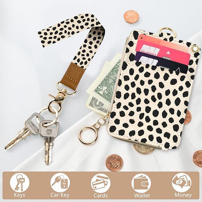 bolimoss Polka Dot ID Badge Holder Cute Teacher Lanyard Wallet, Credit Card Holders with Removable Wristlet & Neck Lanyard, Leather ID Name Badg 5 Card Slots Zipper Purses