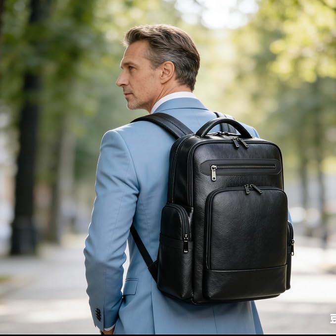 Genuine Leather Backpack for Men Business Black 15.6” Laptop with USB Charging Port Office Executive Mochila for Work Travel