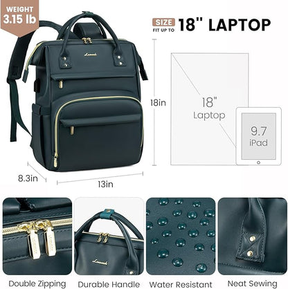 LOVEVOOK Leather Laptop Backpack for Women 18 inch,Travel Backpack Purse Nurse Teacher Backpack Computer Laptop Bag,Professional College Business Work Bag Carry On Backpack with USB Port,Dark Green