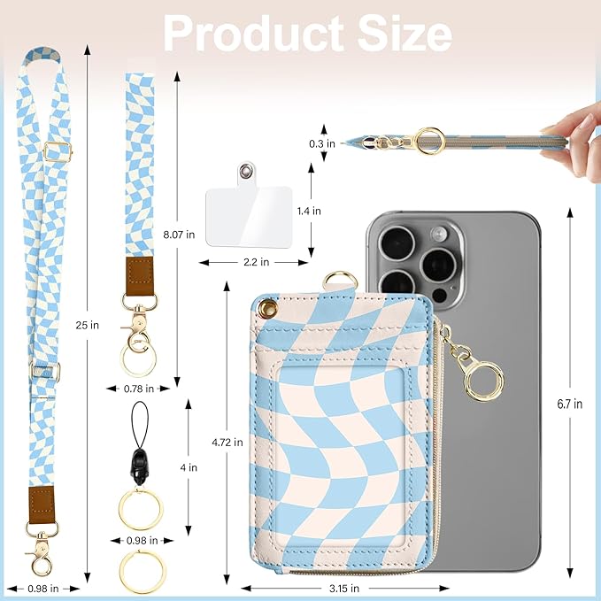 ID Badge Holder with Lanyard,Blue White Checkerboard Fashionable RFID Wallet Ring Keychain, PU Zip Wallet with Breakaway Lanyard Wristlet,Id Badge Holder for Women Teacher Nurse Office Gifts
