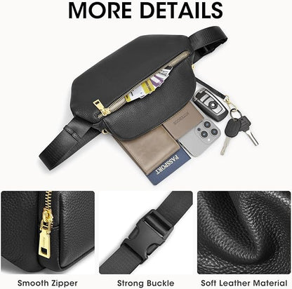 Kattee Fanny Packs for Women, Leather Crossbody Bags for Women Trendy, Small Belt Bag,Fashion Waist Packs with RFID Blocking, Black