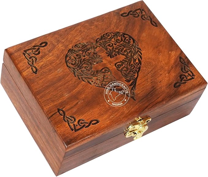 Rosewood Handmade Wooden Jewelry Box – Celtic Heart Engraved Keepsake Storage Organizer | Handcarved Wooden Urn for Women & Men | Decorative Jewellery Gift Box (7"x5.5"x3.5")