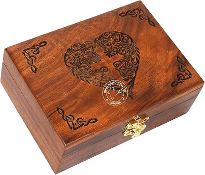 Rosewood Handmade Wooden Jewelry Box – Celtic Heart Engraved Keepsake Storage Organizer | Handcarved Wooden Urn for Women & Men | Decorative Jewellery Gift Box (7"x5.5"x3.5")