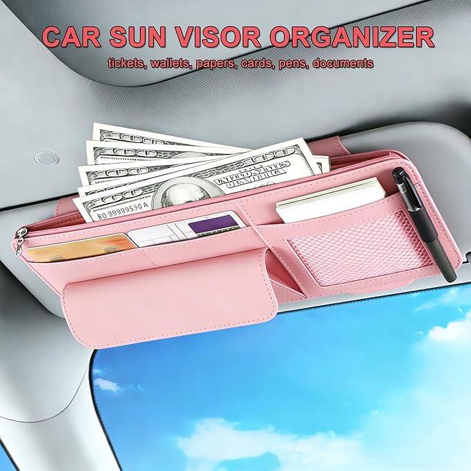 Car Visor Organizer - Sun Visor Storage with Sunglasses Holder,Visor Document Holder and Card Clip Leather Car Interior Accessory Fit for Truck SUV Vehicle