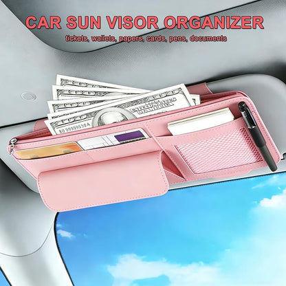 Car Visor Organizer - Sun Visor Storage with Sunglasses Holder,Visor Document Holder and Card Clip Leather Car Interior Accessory Fit for Truck SUV Vehicle