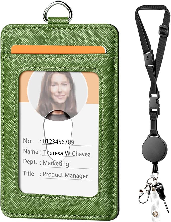 Leather Badge Holder and Adjustable Retractable Lanyards, Quick Release Buckle and Safety Breakaway Lanyards with Swivel Metal Clasp for Offices, Staff, Students, Employees