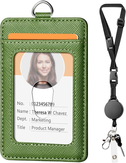 Leather Badge Holder and Adjustable Retractable Lanyards, Quick Release Buckle and Safety Breakaway Lanyards with Swivel Metal Clasp for Offices, Staff, Students, Employees