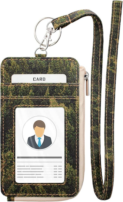 Badge Holder with Zipper - Boshiho Natural Cork ID Badge Card Holder Wallet with 18" Neck Lanyard, 5 Card Slots Vertical Style (Forest Pattern)