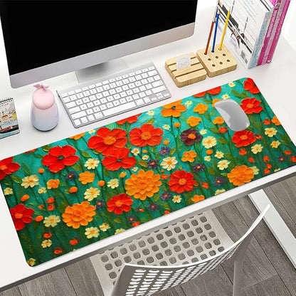 Oil Painting Flowers Desk Mat for Women, Large PU Leather Desk Pad with Non-Slip Base, Aesthetic Office Keyboard Cover for Gaming & Home Work, Artistic Desk Decor (23.6x11.8 Inch)