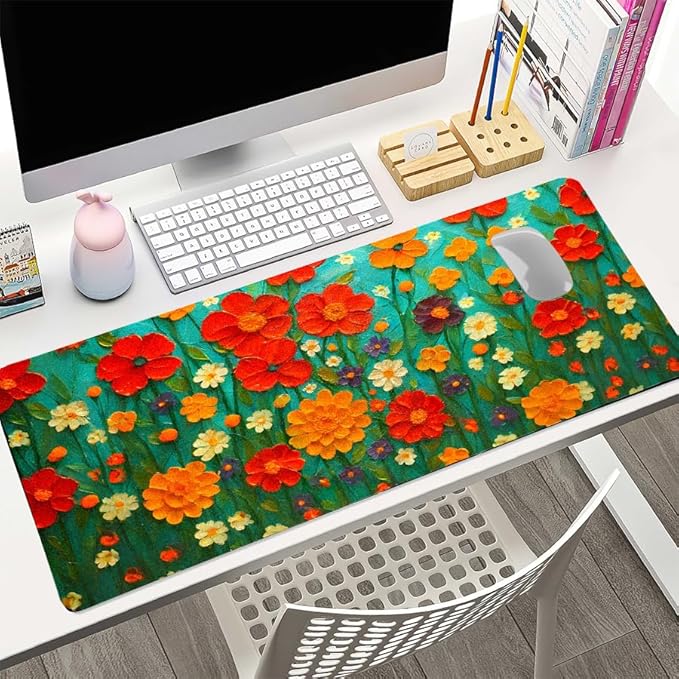 Oil Painting Flowers Desk Mat for Women, Large PU Leather Desk Pad with Non-Slip Base, Aesthetic Office Keyboard Cover for Gaming & Home Work, Artistic Desk Decor (27.56 * 13.78in)