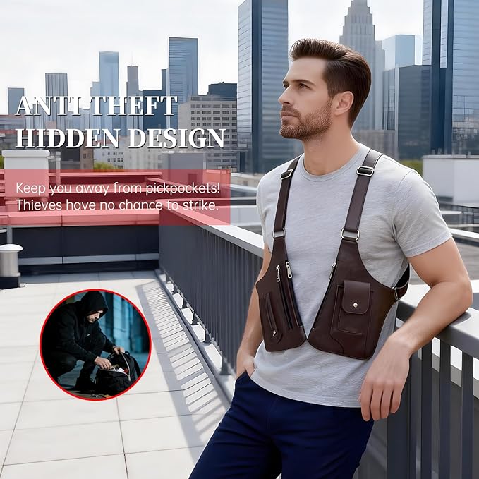 Double Shoulder Armpit Bag for Men, Anti-Theft Underarm Shoulder Holster Bag with Adjustable Strap, Hidden Phone Wallet Pocket for Travel & Daily Commute (Dark Brown)