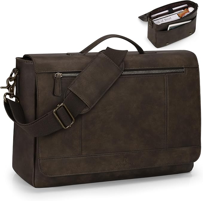 RAINSMORE Leather Messenger Bag for Men 15.6 Inch Laptop Bag Vintage Briefcase Large Computer Bag Satchel Shoulder Bag For College, Work, Business, Office, Wood