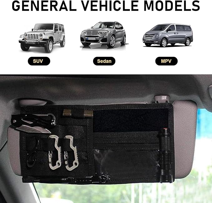 Visor Panel Organizer, Vehicle Visor Storage Holder Pouch with Velcro Strap for Pen Card Sunglass, Sunshade Accessories for Car SUV MPV (Black)