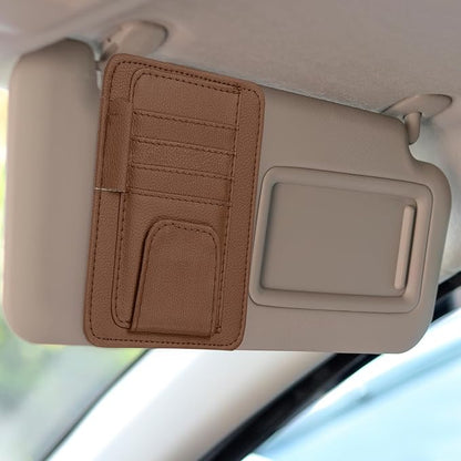 HARFINGTON Car Sun Visor Organizer 6.02" x 4.76" Leather Multi-Pocket Visor Card Sleeve Pocket Car Truck SUV Interior Storage Pouch for Driving License Credit Cards Bills Sunglasses, Brown
