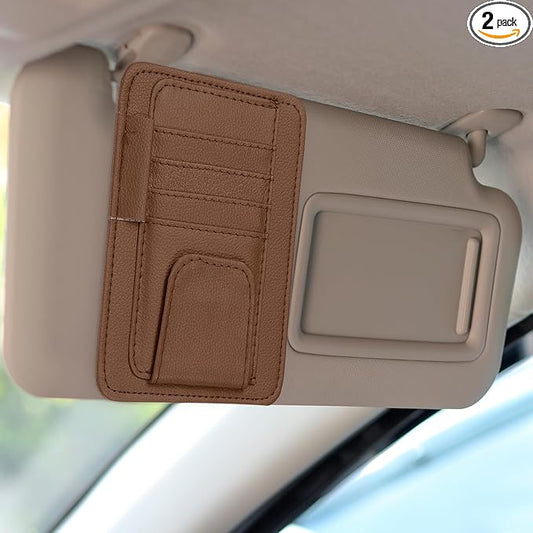 HARFINGTON 2Pcs Car Sun Visor Organizer 6.02" x 4.76" Leather Multi-Pocket Visor Card Sleeve Pocket Car Truck SUV Interior Storage Pouch for Driving License Credit Card Bill Sunglasses, Brown