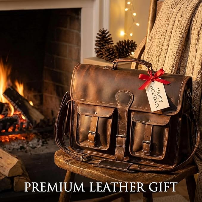 cuero Leather Messenger Bag for Men, 14 Inch Laptop Bag, Crossbody Bag Men, Vintage Handmade Leather Satchel Bag Full Grain Business Briefcase Shoulder Bag for Office/Work/Travel - Brown