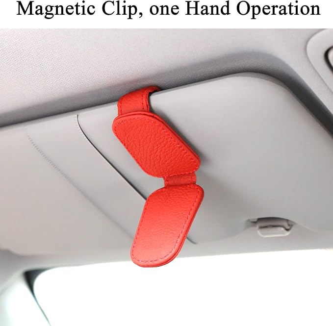 KIWEN Sunglasses Holders for Car Visor, Magnetic Leather Glasses Eyeglass Clip for Car, Ticket Card Clip Sunglasses Mount, Car Visor Accessories Gadgets (1, Red)