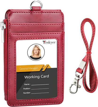 Teskyer Badge Holder with Side Zip Pocket, Multiple Card Slots Leather ID Holder Wallet with Neck Lanyard for Office Staffs, Teachers/Students, Couriers, Workers, Red