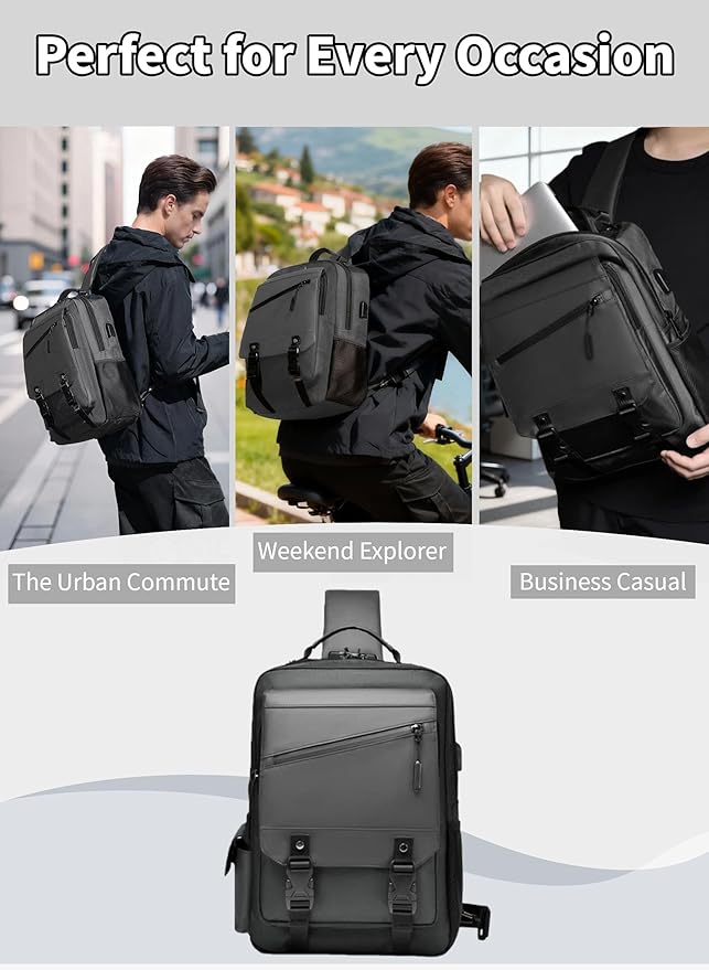 BASICPOWER Laptop Sling Bag for Men Women, Sling Backpack Crossbody Bag Fits 14 inch Computer with USB Port Anti-theft