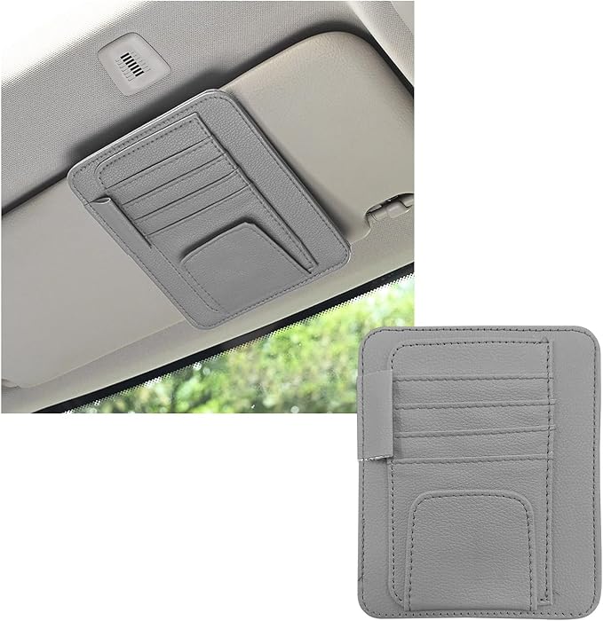 Dickno Small Leather Car Sun Visor Organizer, Multifunctional Auto Visor Document Holder with Sunglasses Clip, Universal Car Interior Organizer for Drving License, Card, Pen (Gray)