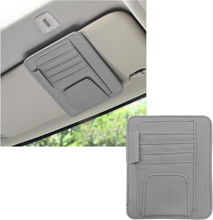 Dickno Small Leather Car Sun Visor Organizer, Multifunctional Auto Visor Document Holder with Sunglasses Clip, Universal Car Interior Organizer for Drving License, Card, Pen (Gray)