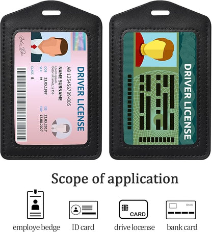 2 Pcs Genuine Leather ID Badge Holder Vertical Single-Side Clear Card Holder Waterproof Name Badge Holder for Office, Staff, Students, Employees(Black&Black)
