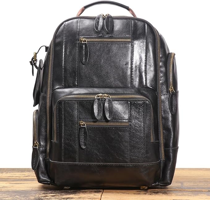 Vintage Genuine Leather 15.6" Laptop Backpack For Men Cowhide Hiking Camping Rucksack Business Travel Daypacks (Black)