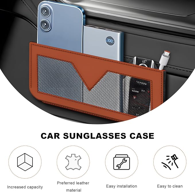 Car Sunglasses Case, PU Leather Pocket Self-Adhesive Storage Pouch for Vehicle Door Window Console, Multifunctional Vehicle Interior Organizer for Glasses Phones Wallets Keys (Brown & Orange)