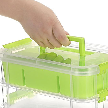 JUXYES 4-Tiers Stack Carry Storage Box With 2 Divided Tray, Transparent Stackable Storage Bin With Handle Lid Latching Storage Container for School & Office Supplies, Green
