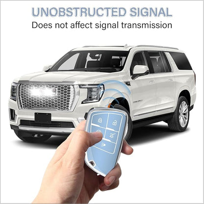 QBUC for Chevy Key Fob Cover with Keychain Soft TPU Protection Case Compatible with 2021-2026 Chevy Equinox Blazer Tahoe Suburban GMC Yukon Denali Silverado 5-Buttons(Chrome Trim Blue)