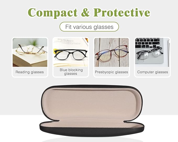 MoKo Glasses Case, PU Leather Eyeglasses Cases with Cloth，Glasses Case Hard Shell Suitable for Most Glasses, Black