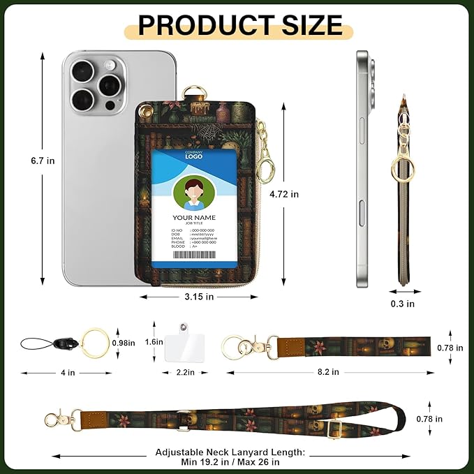 Goth Skull Bookshelf Lanyard Wallet with Id Badge Holder, Small RFID Keychain Wallet Lanyard for Women, PU Leather Zipper Credit Card Holder Phone Wrist Neck Strap for Id Badge Office Gifts