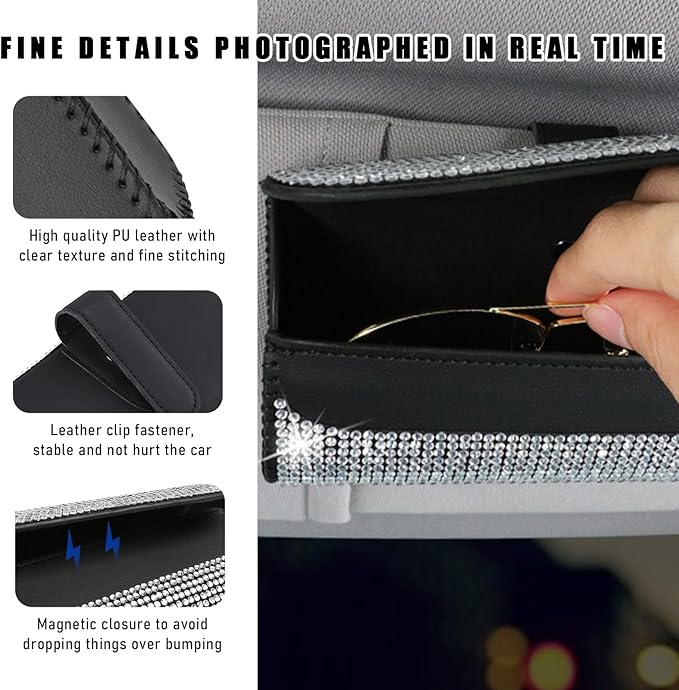 Ohleats Bling Sunglasses Holder for Sun Visor, Sparkling Glasses Sun Visor Organizer Case with Hidden Magnetic Closure, Auto Visor Crystal Eyeglasses Storage Case, Car Accessories (Bling Colorful)