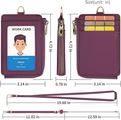Wason Badge Holder Card Wallet Real Leather with Zipper, Detachable Neck Lanyard, Hand Strap, Retractable Badge Reel, Multi Purpose Case for ID Permit Badge Coin Key Driver's License (Purple)