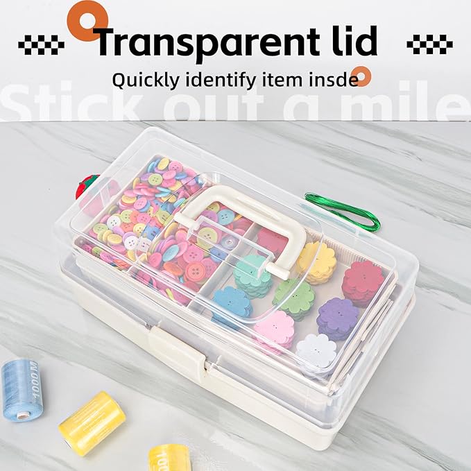 TERGOO 12.5in 3-Layer Multipurpose Craft Organizers and Storage with Adjustable Dividers, Portable Tackle Box, Folding Art & Craft Case for Medicine, Tool, Sewing Organizer (White)