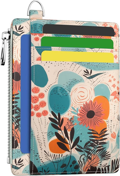 Hancynir Slim Wallet Women Credit Card Holder Abstract Flower Floral RFID Small Mini Card Case Front Pocket PU Leather Thin Travel Zipper Coin Cash ID Window Ladies Female Wallet Gifts